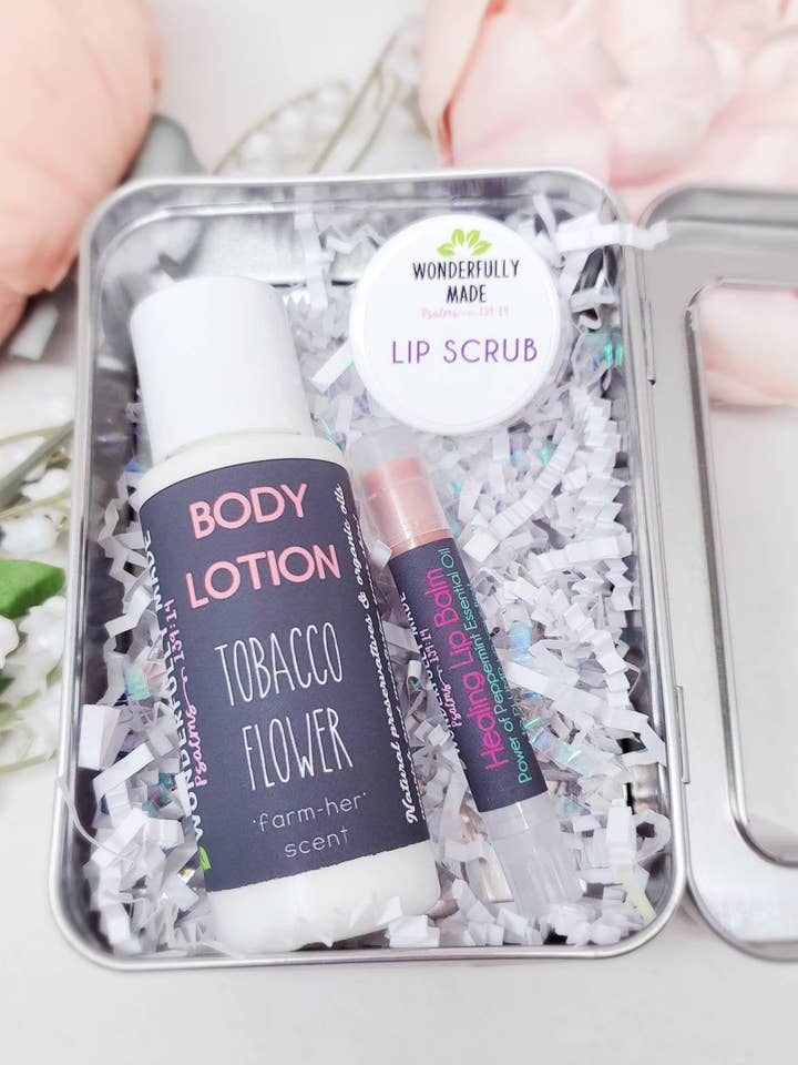 Spa Gift Basket | All Natural Organic | Tobacco Flower Floral Scent | Mini Spa and Relaxing Kit | Metal Tin Box | Lip Balm Lotion Lip Scrub for wholesale by Wonderfully Made .love