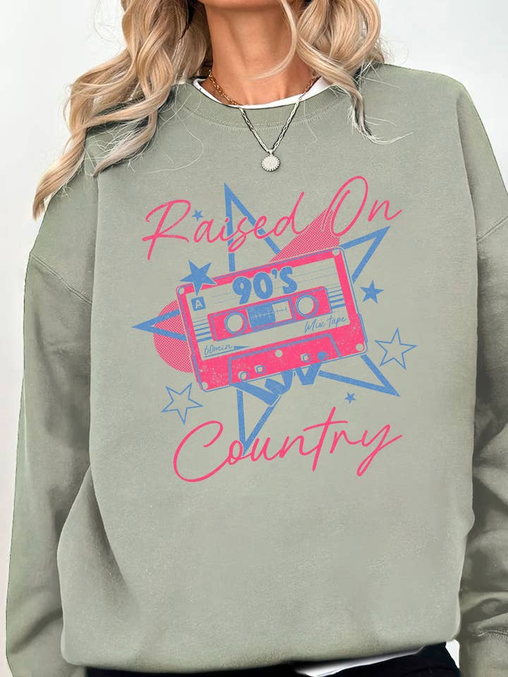 RAISED ON 90'S COUNTRY GRAPHIC BRUSHED SWEATSHIRTS for wholesale by Rustee Clothing