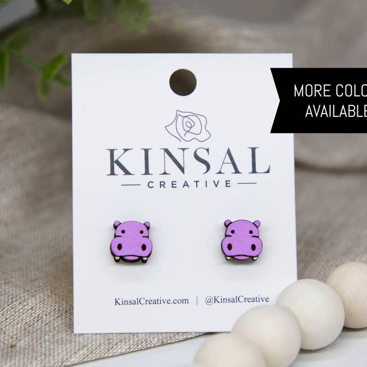 Hippo Face Wood Stud Earrings for wholesale by Kinsal Creative