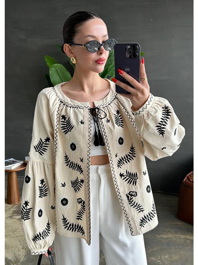 miglo - Wholesale Jacket - Women's - black embroidered linen bohemian jacket