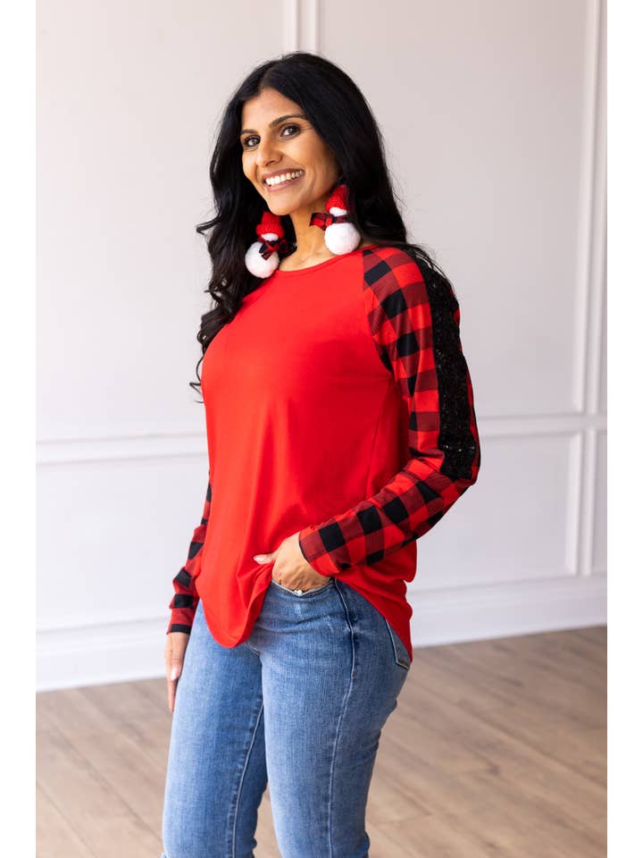 Red Top with Buffalo Plaid Raglan Sleeves for wholesale on Faire