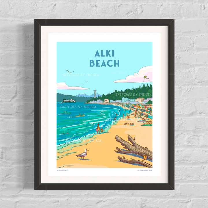 Póster de Viaje de la Playa Alki Beach Seattle para venta al por mayor de Sketches By The Sea