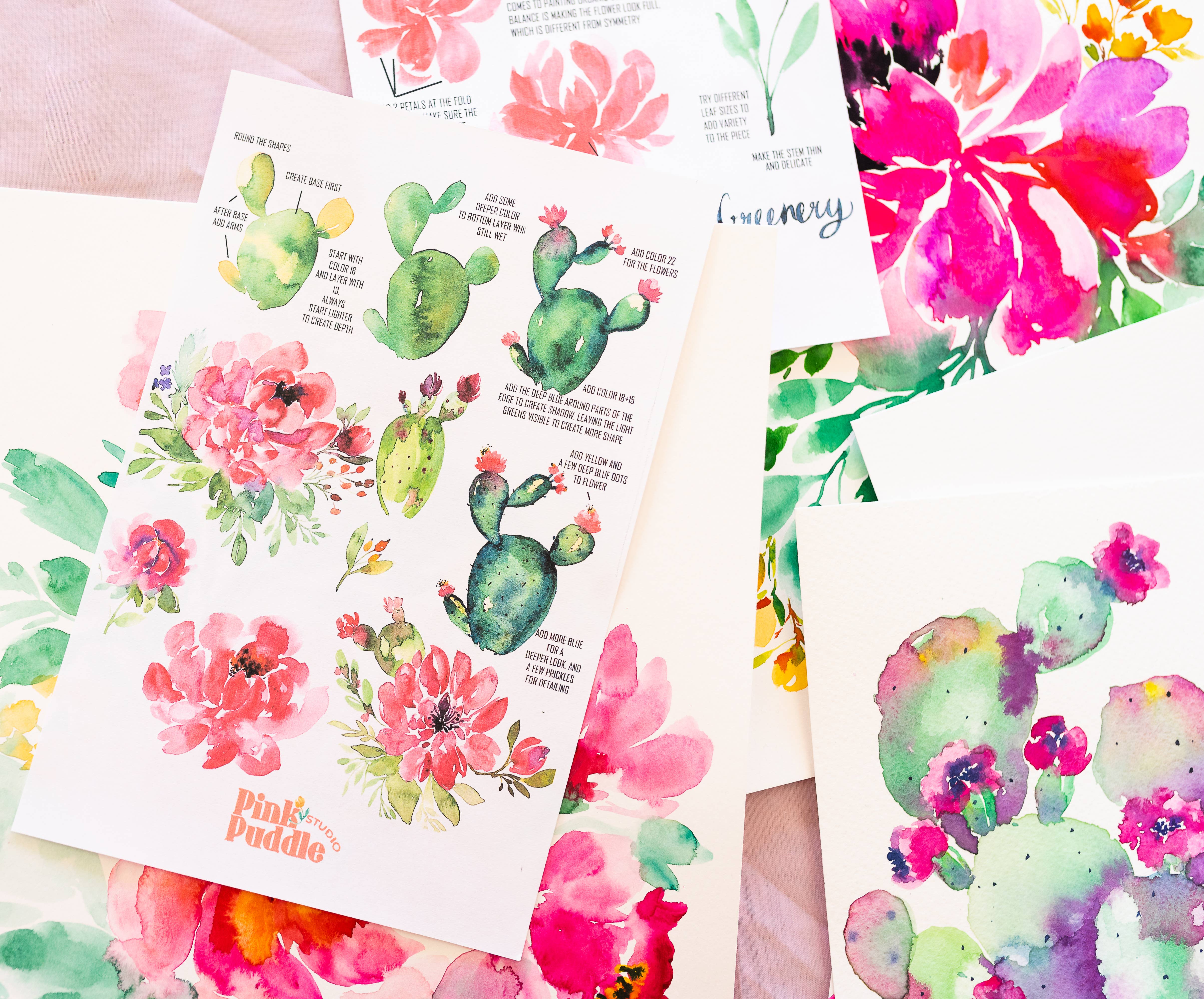 Pink Puddle Studio - Wholesale DIY Craft Kit - Prickly Pear Cactus & Peony Flowers Watercolor DIY Paint Kit9