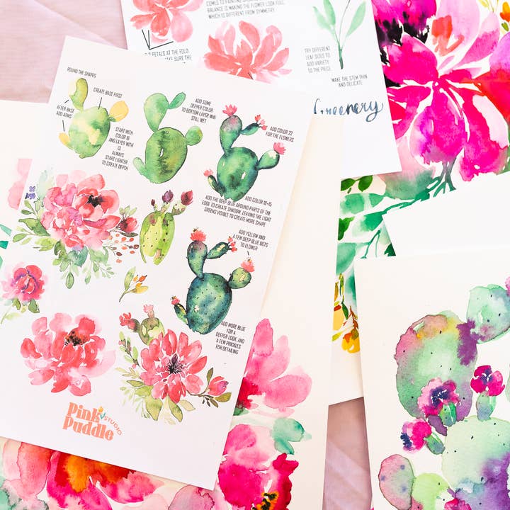Pink Puddle Studio - Wholesale DIY Craft Kit - Prickly Pear Cactus & Peony Flowers Watercolor DIY Paint Kit9