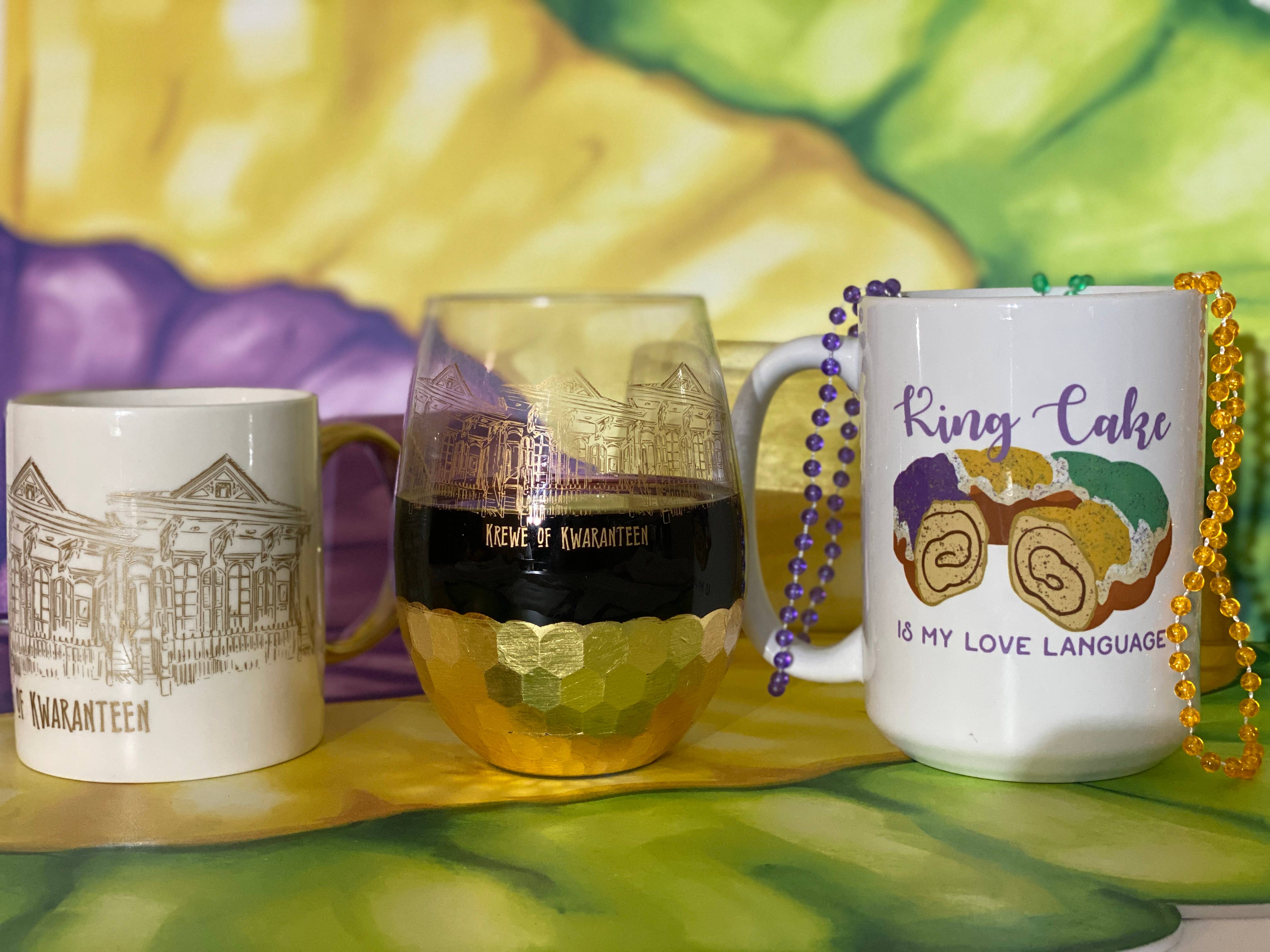 Pink House On River Road - Wholesale Wine glass - Krewe of Kwaranteen Hand Painted Gold Stemless Wine Glass2