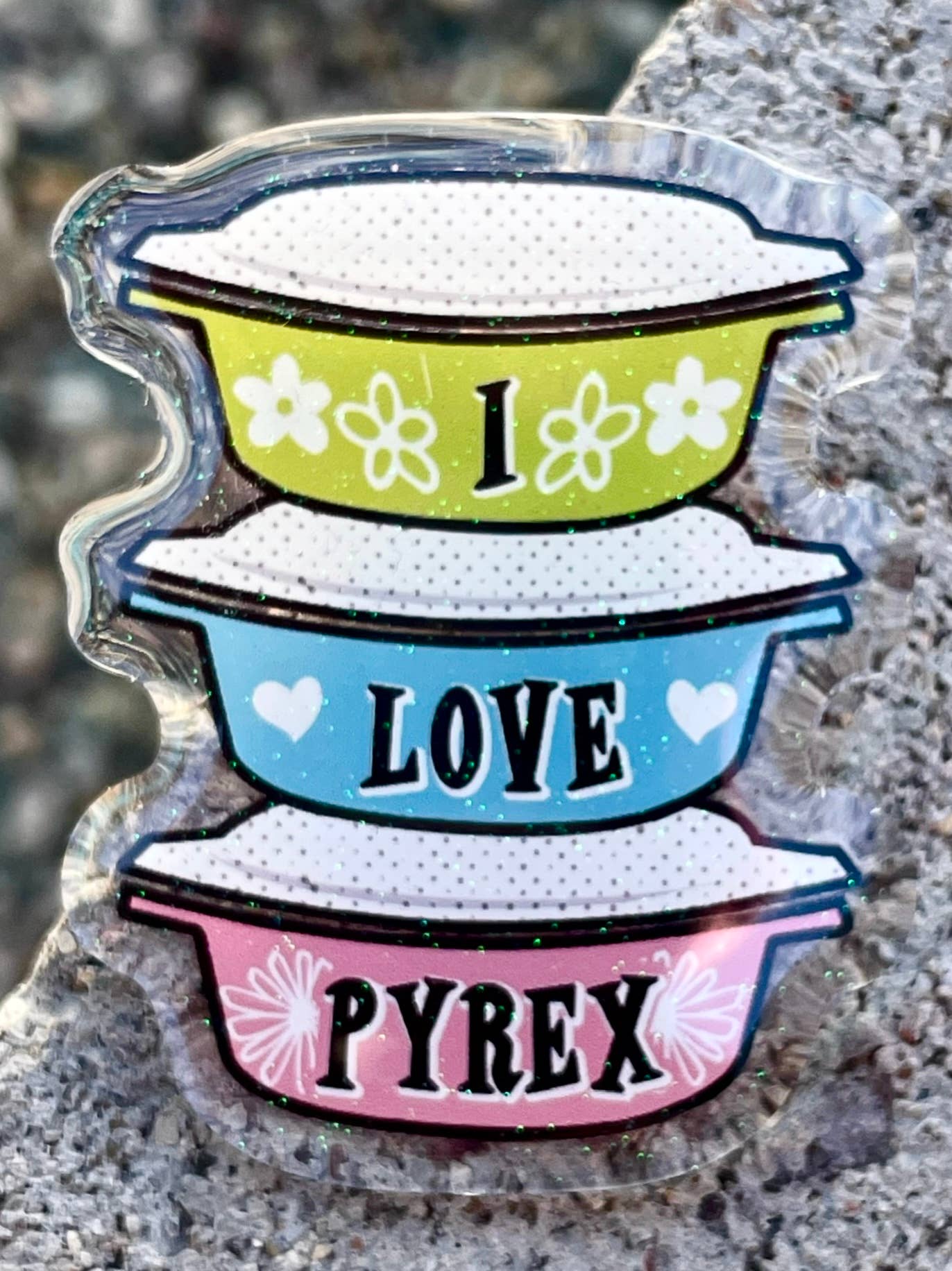 ModMoxGoods - Wholesale Brooch - PINS - vintage Pyrex theme acrylic with glitter Bar pin1