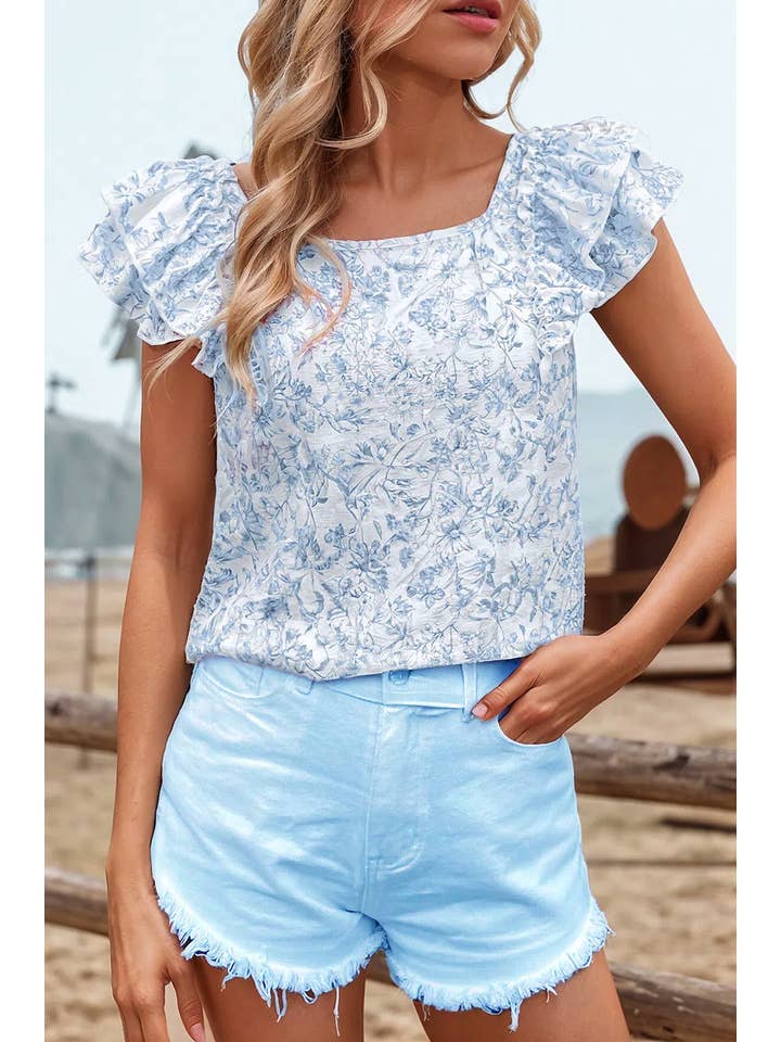 fashionworks - Wholesale Blouse - Women's - Floral Ruffle Short Sleeve Square Neck Bow Back Blouse