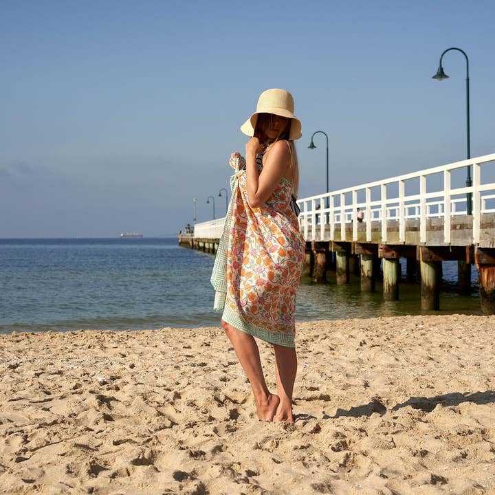 Linen Connections - Wholesale Swim Cover Up - Women's - Cotton Orange Sarong - Island Blossoms1