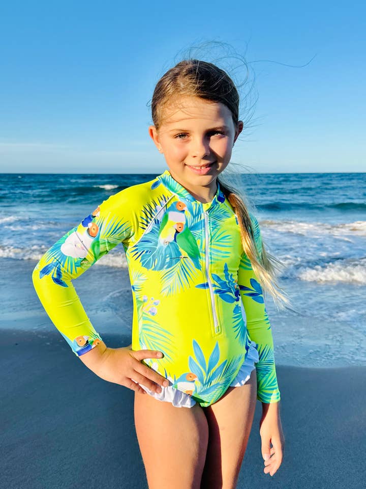 Tribe Tropical - Wholesale One Piece Swimsuit - Kids - Girls Long Sleeve Swimsuit - Finch Fiesta | Neon Yellow0
