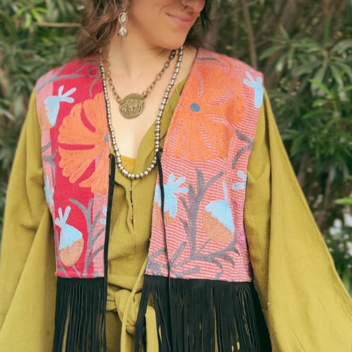 Wylder Trading Company - Wholesale Outerwear Vest - Women's - Boho Western Artisan Fringe Vests | Kantha Suzani Textile31