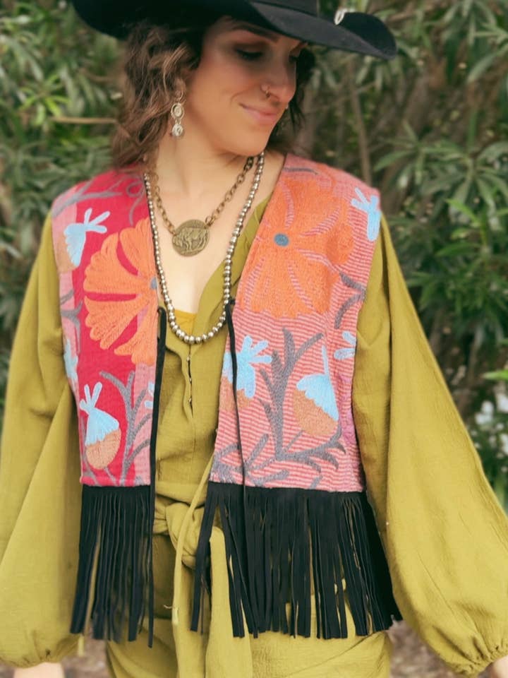 Wylder Trading Company - Wholesale Outerwear Vest - Women's - Boho Western Fringe Cowgirl Hippie Vest Leather Kantha21