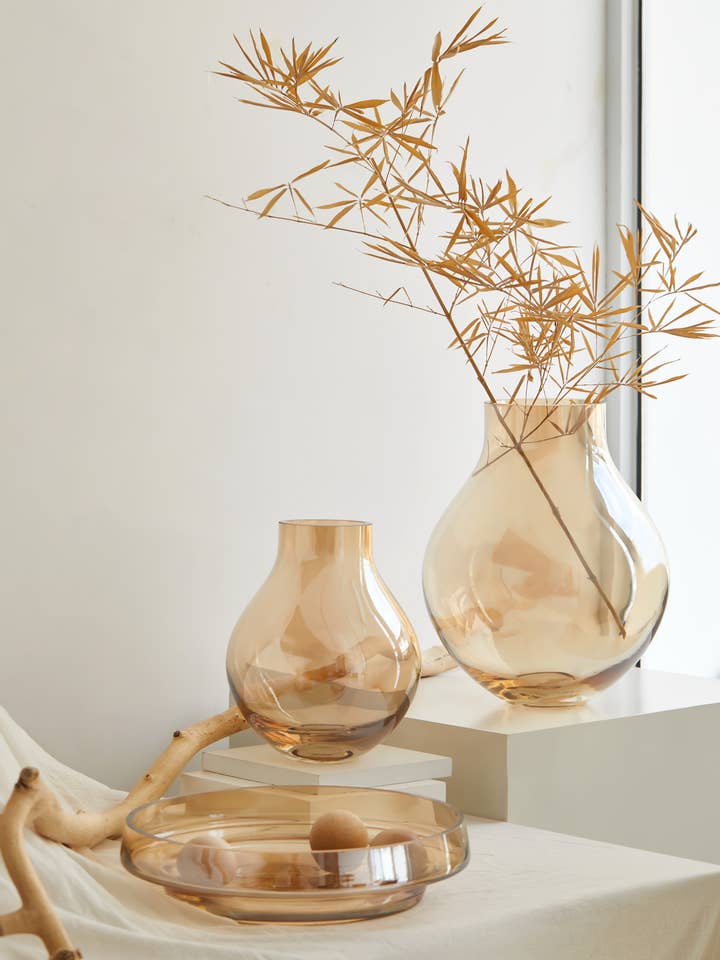 XL heavy glass vase, bulb shape, light ochre, ENVIE36GO for wholesale by Element Accessories EU