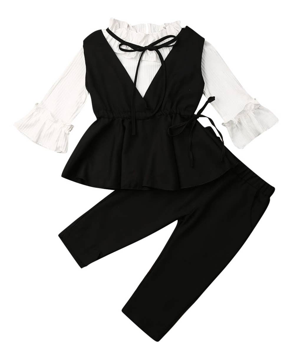 Fennco Styles – Conjunto de camisola e calças – criança por atacado – Conjunto de Roupa de Menina 3pcs Preto & Branco0