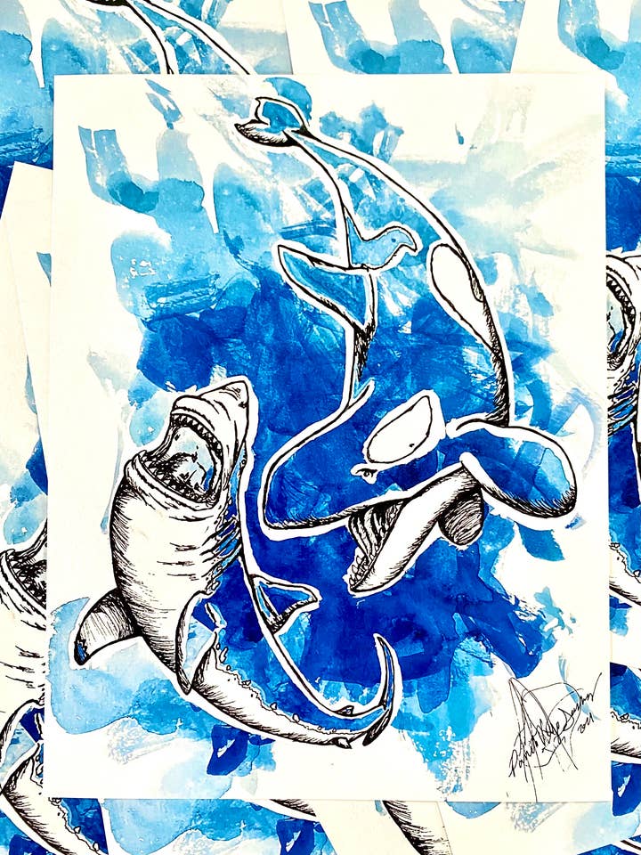 Orca & Great White Shark Print for wholesale by Silver Pick Studios