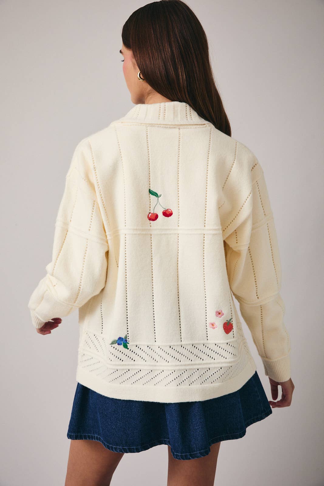 White LONG SLEEVE SWEATER CARDIGAN WITH FRUITS EMBROIDERY for wholesale on Faire2