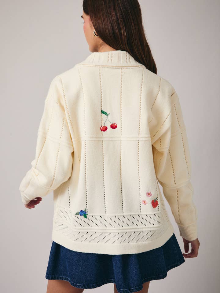 White LONG SLEEVE SWEATER CARDIGAN WITH FRUITS EMBROIDERY for wholesale on Faire2
