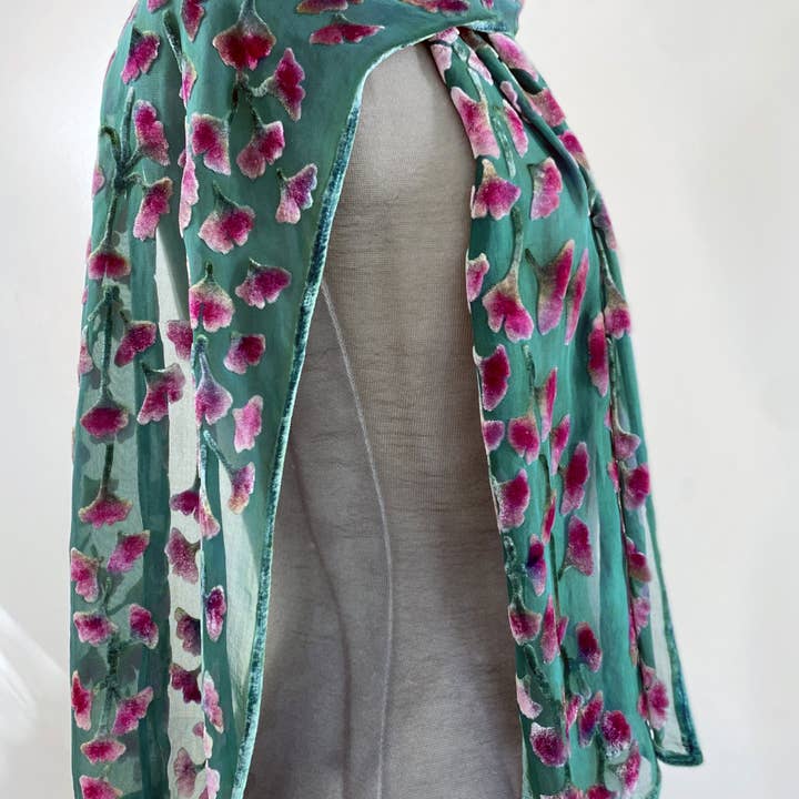 Sherit Levin Textiles - Wholesale Scarf - Women's - Devoré Silk velvet Hand Painted Floral Scarf2