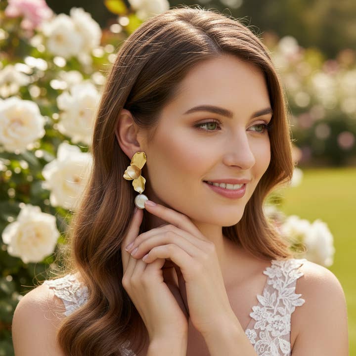 ATHENA COLLECTION -FLOWER PEARL DROP EARRINGS - CZER875 GOLD for wholesale by Athena Bridal Jewellery