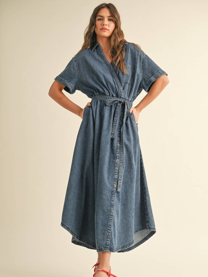 D4779 ASYMMETRIC BUTTON DETAIL DENIM SHIRT DRESS for wholesale on Faire