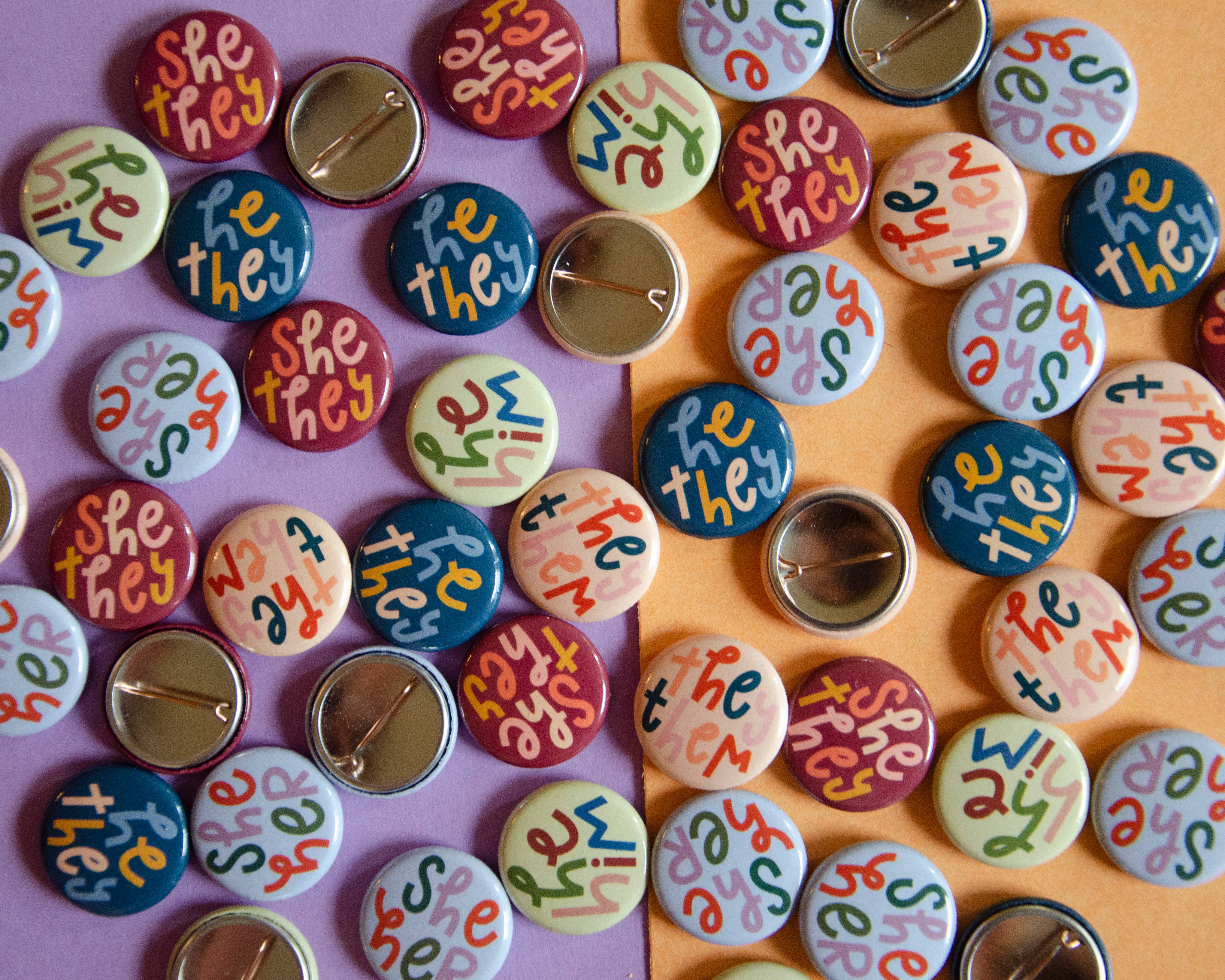 Twentysome Design – wholesale Lapel pin/button – He They Pronoun Button2