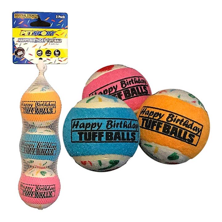 PETSPORT Happy Birthday Tuff Balls 2.5" 3pk for wholesale by King Wholesale Pet Goods