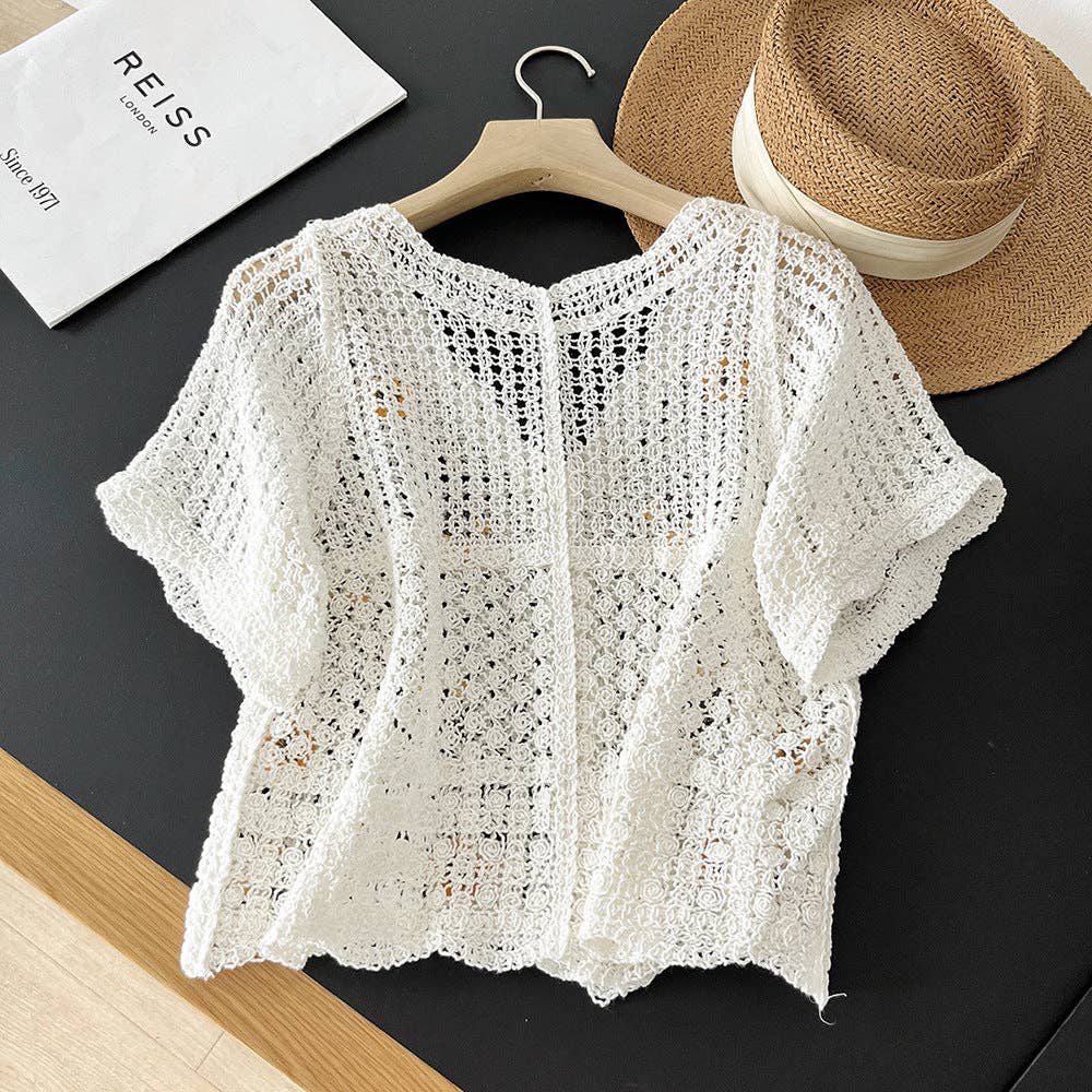 Funkyrel® Atzbranding Limited - Vendita all'ingrosso Cardigan - Donna - Cardigan sottile lavorato a maglia con ricamo floreale traforato in stile vintage1