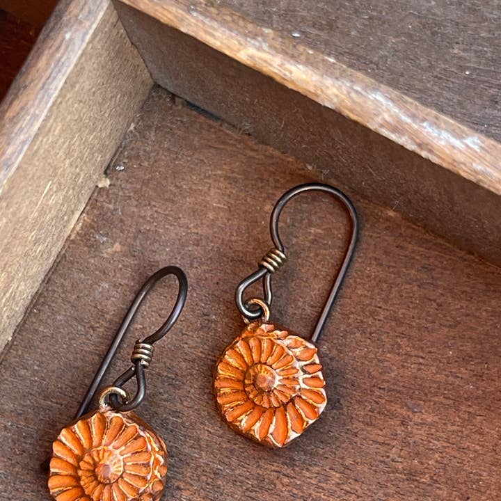Ammonite Fossil Hexagonal Dangly Earrings (Silver, Brz, Cpr) for wholesale by Ozark Impressions Jewelry