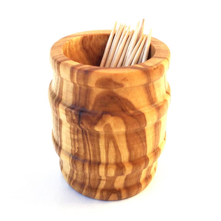 Toothpick holder “barrel” toothpick dispenser made of olive wood for wholesale by medina mood