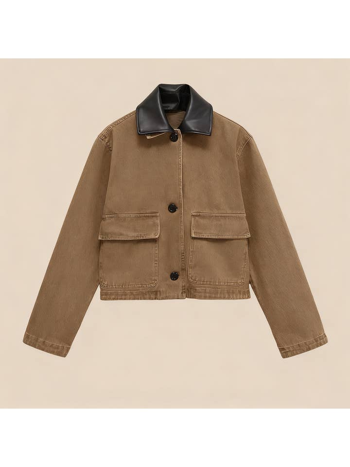 KHAKI Stitching collision color lapel denim jacket for wholesale on Faire