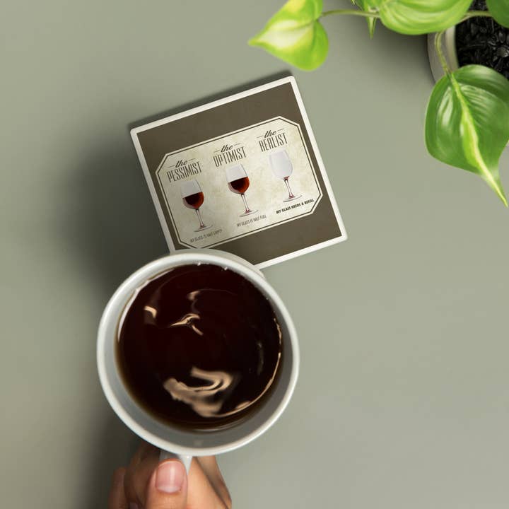 Lantern Press - Wholesale Coasters - Ceramic Coaster Wine Glasses, Pessimist Optimist Realist,…1