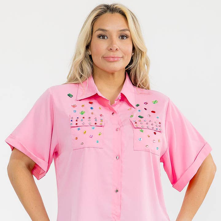 5600X- Plus size multicolor jeweled button-down shirt for wholesale by IWT Brands