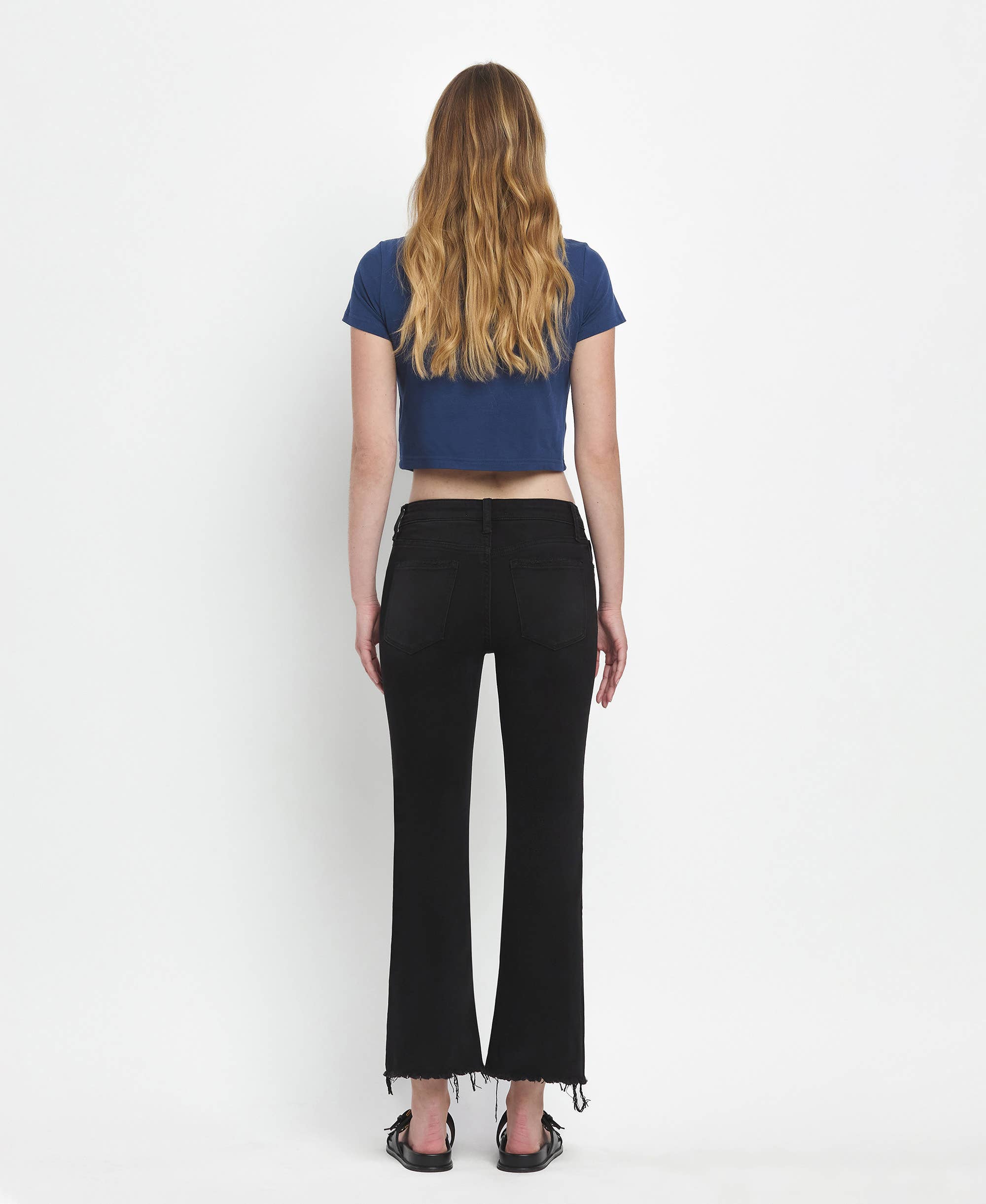 GRANDEUR MID RISE RAW DISTRESSED HEM CROP FLARE JEANS LV1145 for wholesale on Faire7