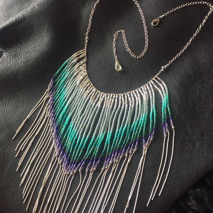 Maui Swan Glass Beadwork Fringe Necklace W/ Solid Sterling for wholesale by Maui Swan Designs