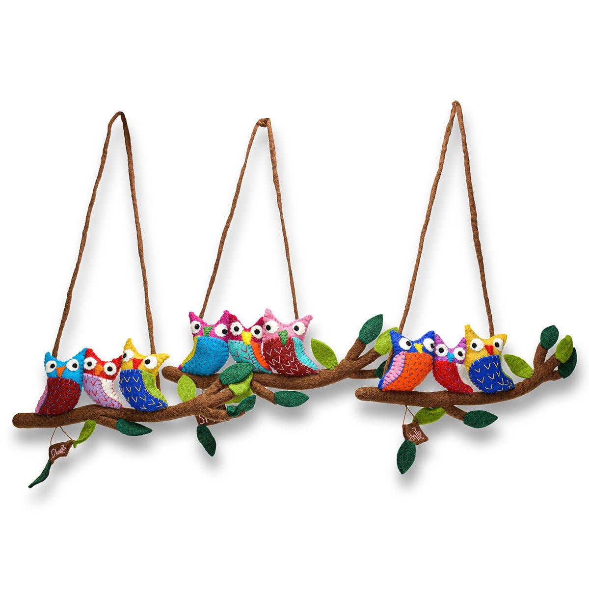 Assorted colors Felted Three Owls in Branch Wall Hanging for wholesale on Faire3