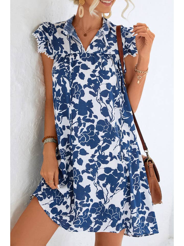 Rosa Clothing - Wholesale Dress - Women's - Ruffle Shoulder Floral Printed v-neck babydoll dress