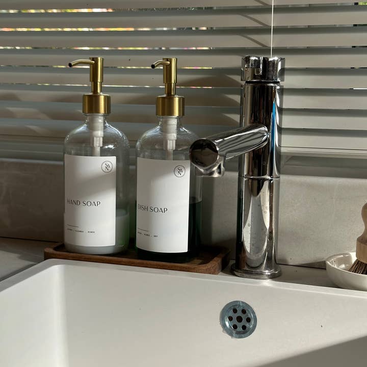 So At Nature - Wholesale Dish Soap - Luxury Clear Glass Bottle Set, Tray, Pot Brush and Ceramic Dish - Gold Metal Dispenser4