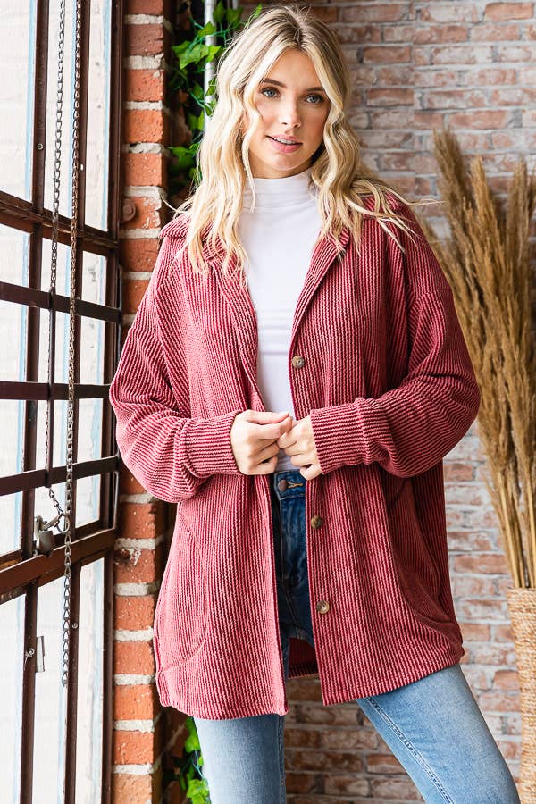 7th Ray – Großhandel Hemdjacke/Shacket – Damen – Solide Rippe Knopfleiste Seitentaschen Langarm Shacket T52567