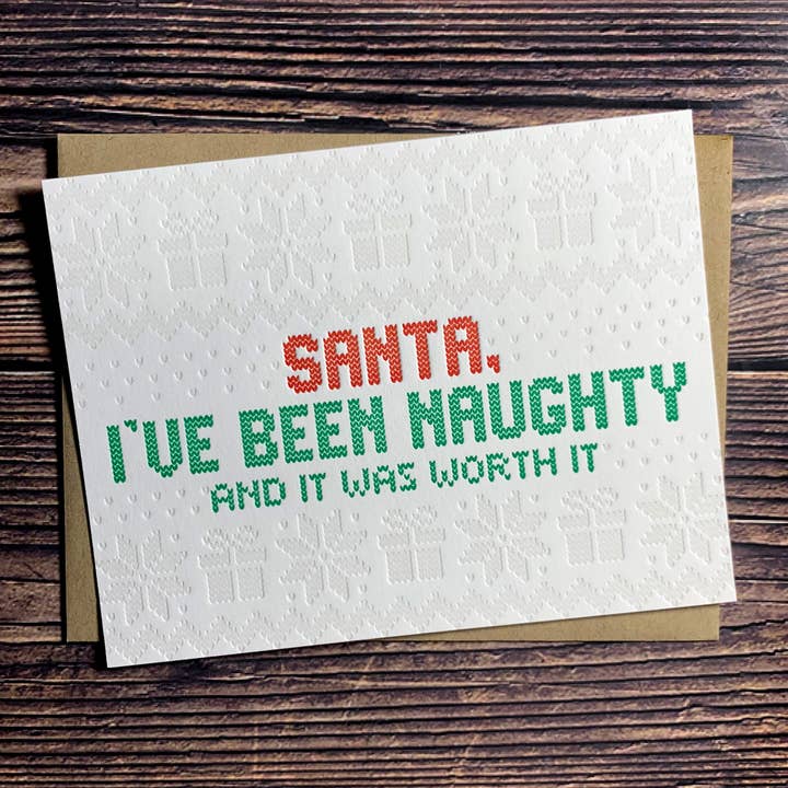 Santa I've Been Naughty. Christmas Ugly Sweater Card. for wholesale by Kincaid Creative
