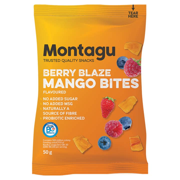 Mahdina – Großhandel Getrocknete/dehydrierte Früchte – Montagu: Mango Bites - Berry Blaze aromatisiert, (10 x 50 g)