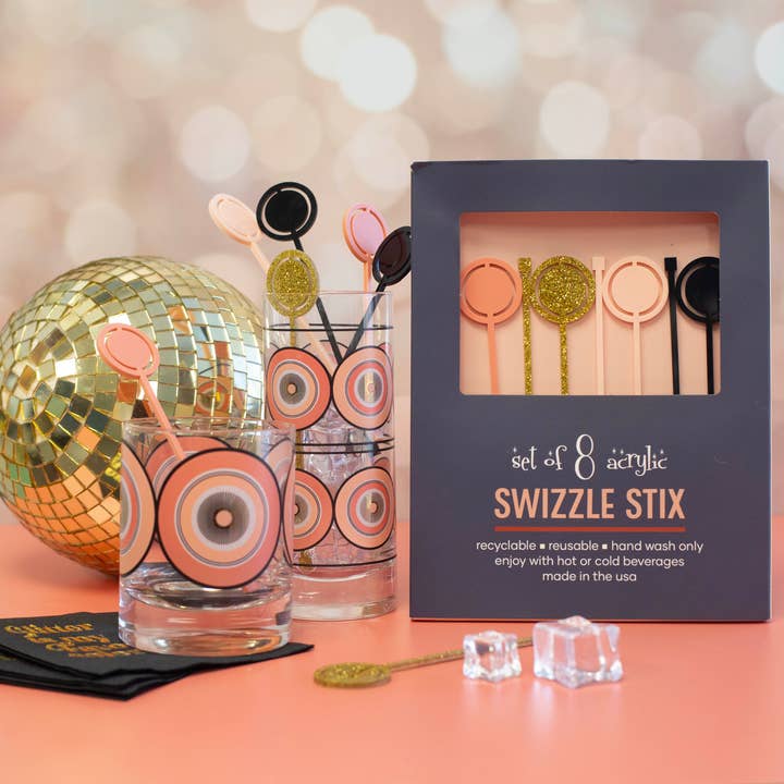 Pink and Gold Round Acrylic Swizzle Stix Drink Stirrers for wholesale by Mod Lounge Paper Company