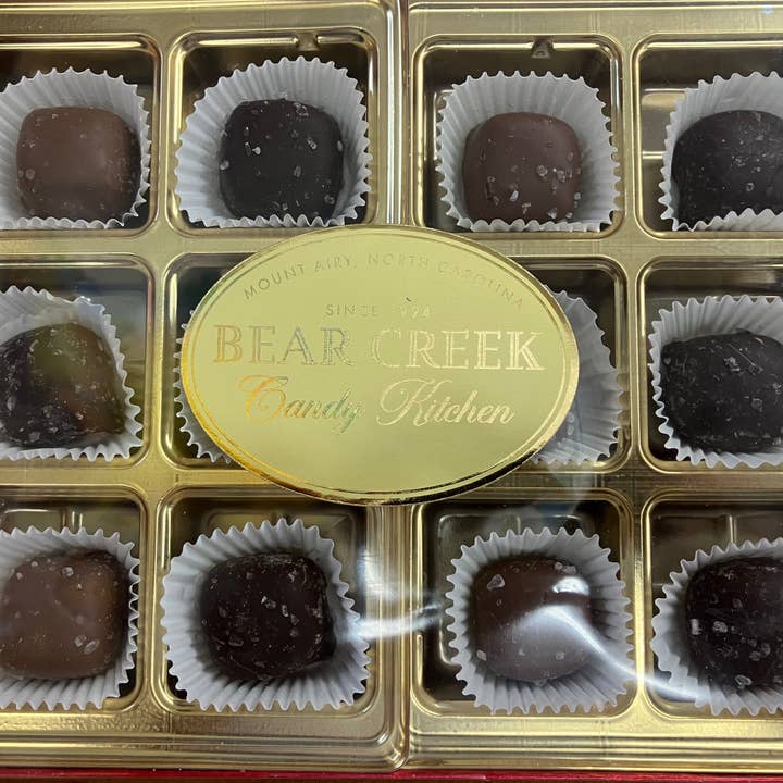 Chocolate and Dark Chocolate Sea Salt Caramels Box of 12 for wholesale by Bear Creek Candy Kitchen