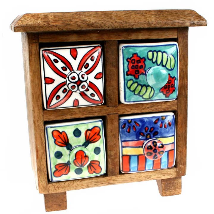 Shared Earth – wholesale Decorative box – Wooden Mini Chest, 4 Ceramic Drawers