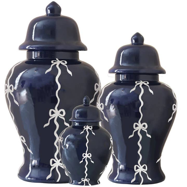 Bow Stripe Ginger Jars in Navy Blue for wholesale by Lo Home | Ruby Clay