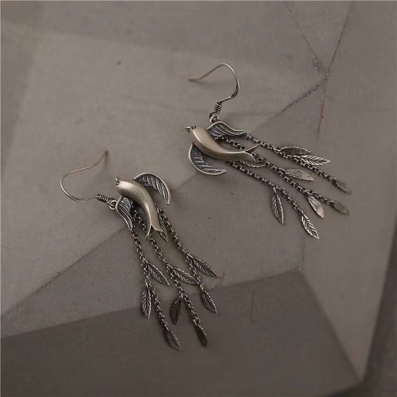 Silver Willow Leaf Swallow Tassel Long Earrings for wholesale on Faire3