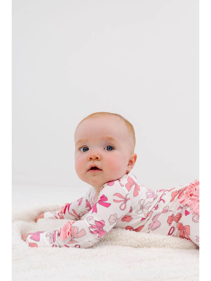 Macaron + Me - Wholesale Sleepsuit – Baby - Pink Bows Ruffle Footsie7