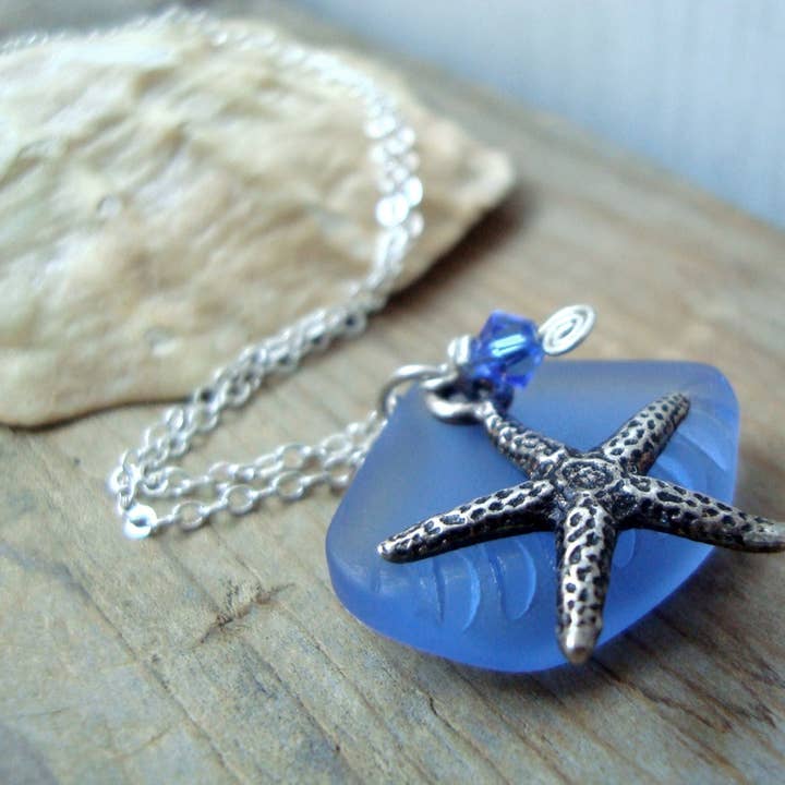 Collar de cristal marino azul con estrella de mar plateada y cristal para venta al por mayor de Fuchsia Bloom Studio