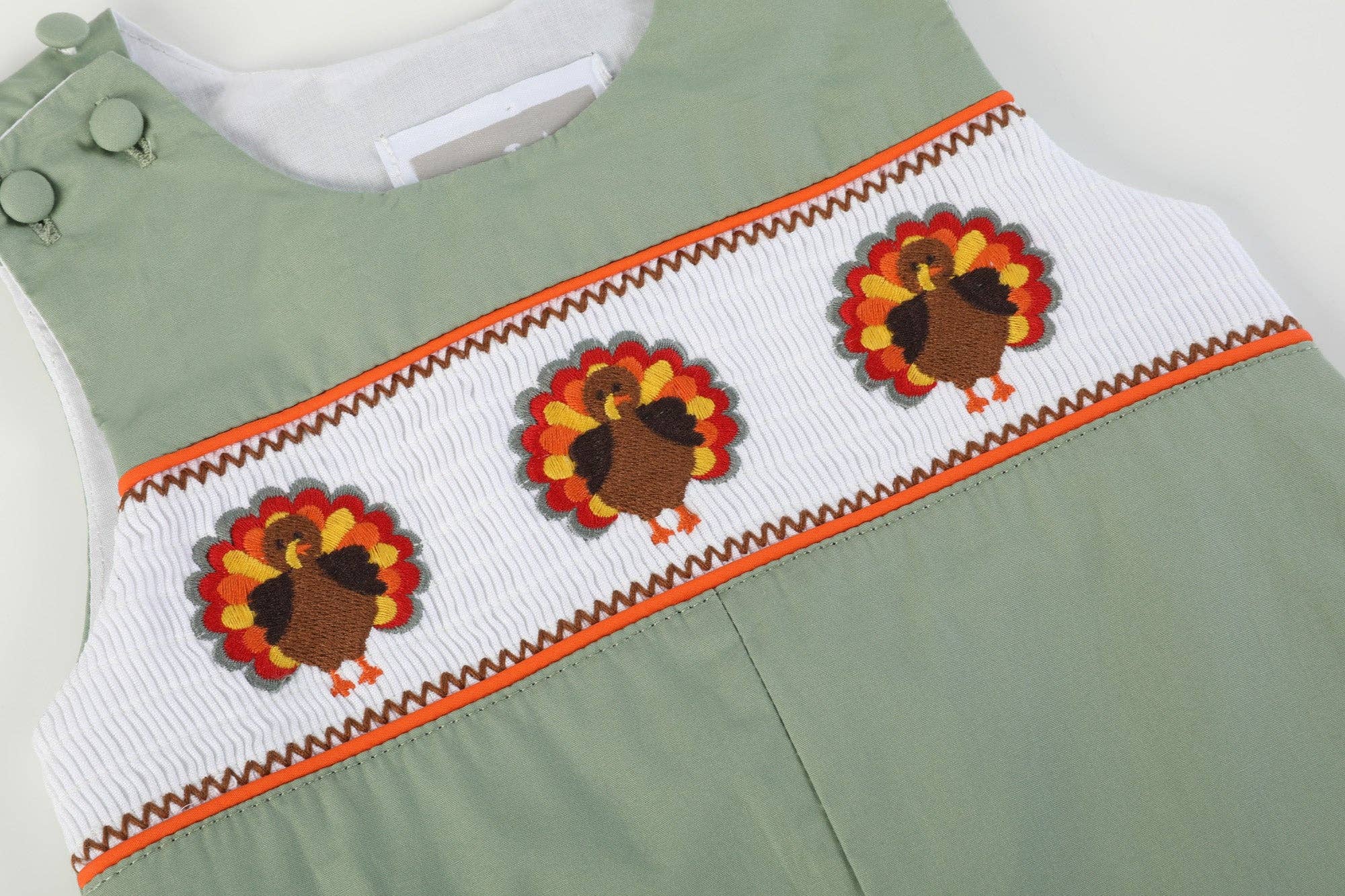 Lil Cactus - Wholesale Overalls - Baby - Sage Green Turkey Smocked Overalls2