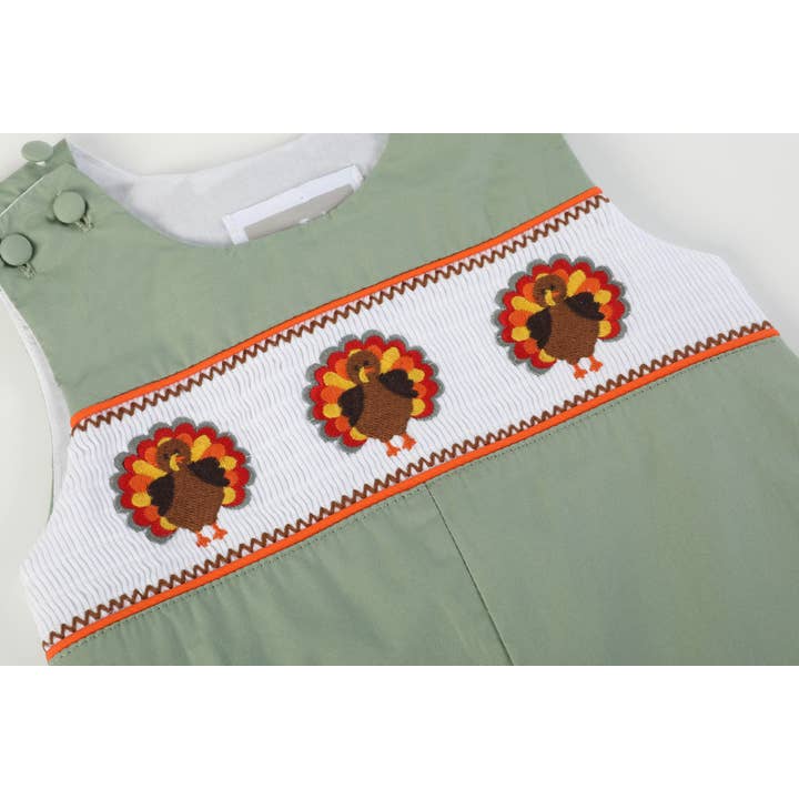 Lil Cactus - Wholesale Overalls - Baby - Sage Green Turkey Smocked Overalls2