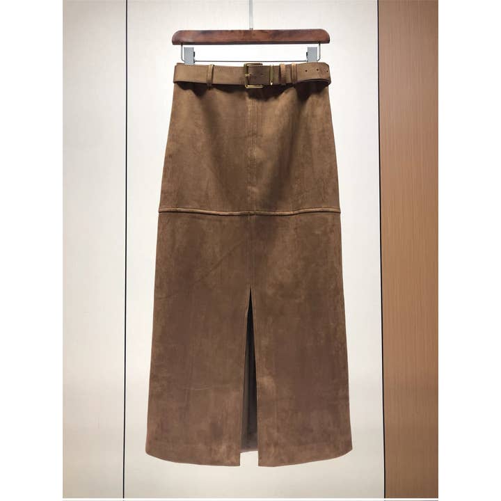 SK90Y Women’s Vintage Split Hem Faux Suede Slim Skirt for wholesale by Productseeker