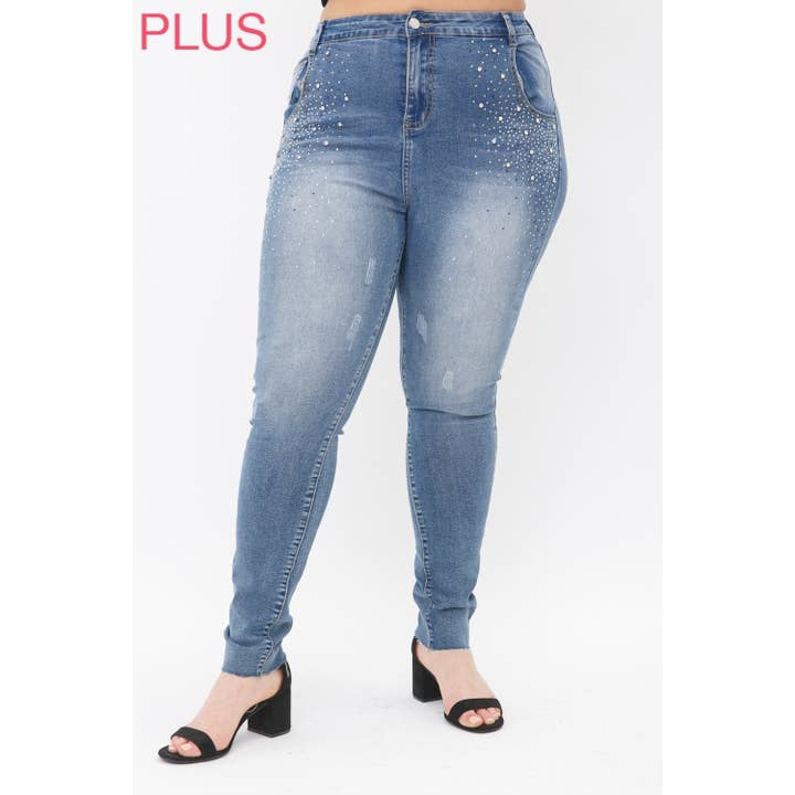PLUS SIZE DENIM SKINNY JEANS WITH STONES for wholesale by VOCAL
